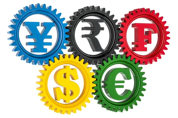 Currency Gears Colored Conversion Exchange Currencies Concept Rendering Isolated White Stock Picture