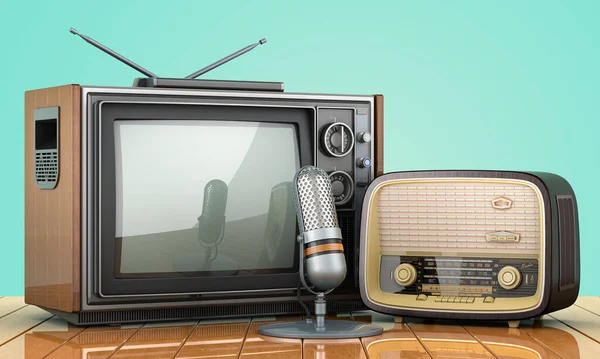 Retro TV set, radio receiver and microphone. Broadcasting concept on the wooden desk. 3D rendering