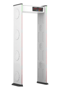 Metal dedektöründen geç, metal detektör kapı çerçevesi. Beyaz arkaplanda 3B görüntüleme izole edildi