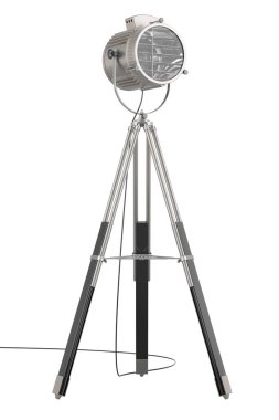 Tripoddaki vintage spot ışığı, beyaz arkaplanda 3D görüntüleme