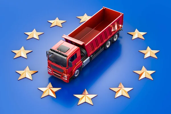 Tipper Truck on the European Union flag, 3D rendering