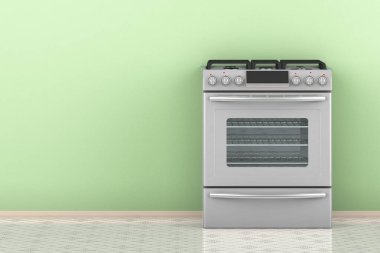 Duvarın yanındaki odada gaz ocağı, ön manzara. 3B görüntüleme