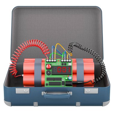Bavulun içinde TNT bomba patlayıcısı, beyaz arkaplanda 3 boyutlu görüntüleme