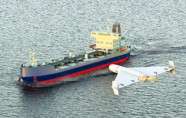 Kamikaze drone attacking on oil tanker sailing in ocean, 3D rendering