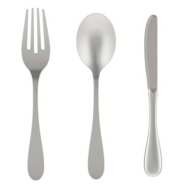 Kaşık, çatal ve bıçak, beyaz arkaplanda 3 boyutlu görüntüleme 