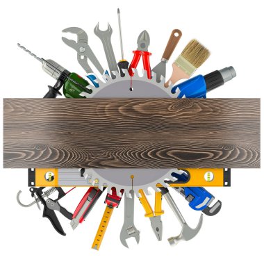 Tahta kalaslı çeşitli inşaat araçları, beyaz arkaplanda 3 boyutlu görüntüleme