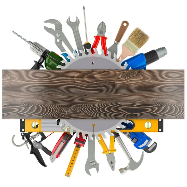 Tahta kalaslı çeşitli inşaat araçları, beyaz arkaplanda 3 boyutlu görüntüleme