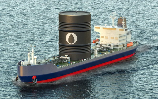 Oil tanker sailing in ocean with big oil barrel, 3D rendering