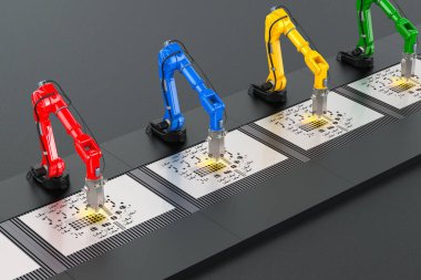 Robot kollar ve taşıyıcı ile metal parçaları lazerle kesmek. 3B görüntüleme