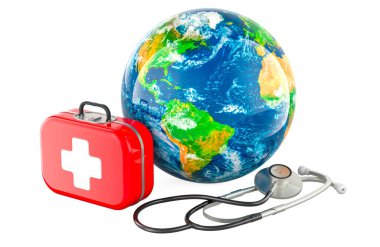 Stetoskop ve ilk yardım çantasıyla Dünya Küresi. Küresel sağlık hizmeti, konsept. Beyaz arkaplanda 3B görüntüleme izole edildi