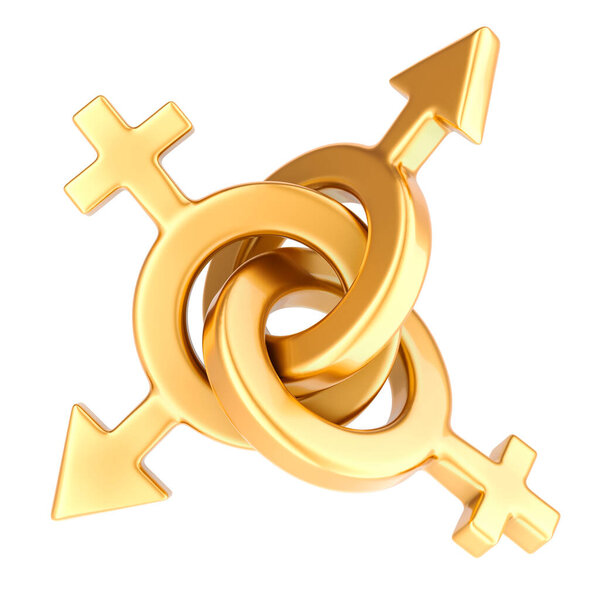 золотые гендерные символы, 3D рендеринг на белом фоне

