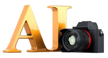 AI Image Generator concept with digital camera. 3D rendering isolated on white background clipart