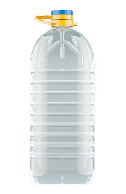 Boş büyük plastik şişe petrolden 5l, beyaz arkaplanda 3 boyutlu görüntüleme