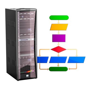 Bilgisayar Sunucusu Rack ile Algoritma. konsept. Beyaz arkaplanda 3B görüntüleme izole edildi