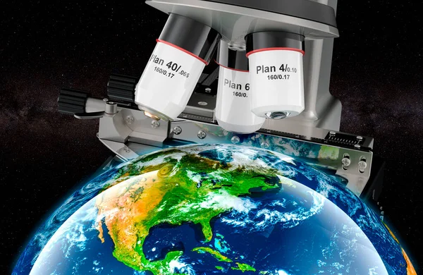 Microscópio Com Planeta Terra Vista Para Espaço Pesquisa Descoberta Global Imagens Royalty-Free