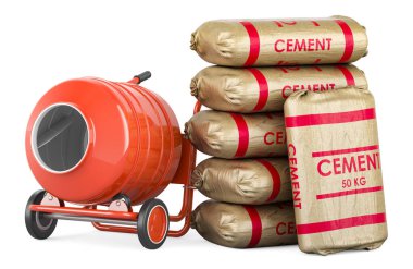 İnşaat ve inşaat, konsept. Beton torbalı çimento karıştırıcısı. Beyaz arkaplanda 3B görüntüleme izole edildi
