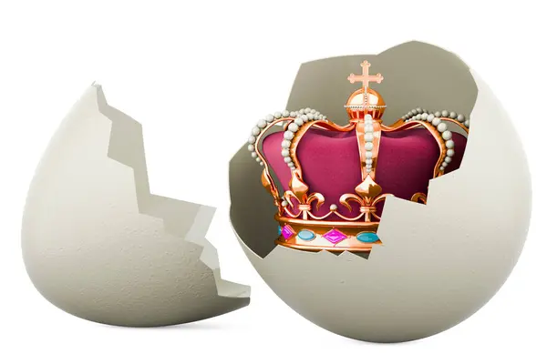 Golden royal crown inside broken chicken egg, 3D rendering isolated on white background