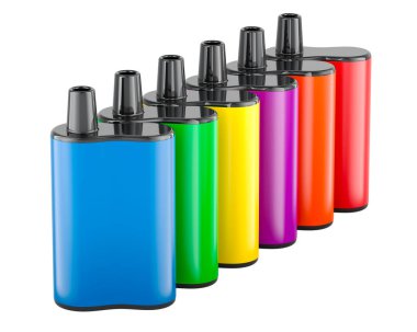 Renkli Tek Kullanılabilir Vapes, beyaz arkaplanda 3 boyutlu görüntüleme 