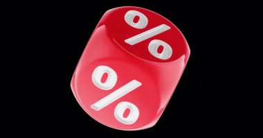 Kırmızı İndirim Küpü dönüşümlü animasyon. Şeffaf arkaplanda 3B görüntüleme izole edildi