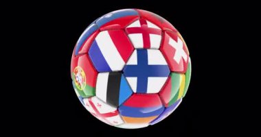Avrupa bayraklı futbol topu, animasyon dönüyor. Şeffaf arkaplanda 3B görüntüleme izole edildi