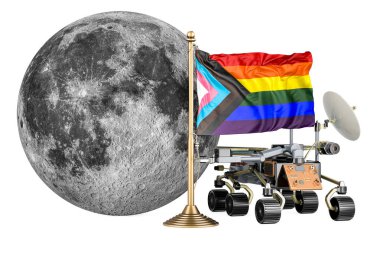 Ay ve LGBTQ bayrağıyla Gezegen Aracı. Arkaplanda 3B görüntüleme izole edildi