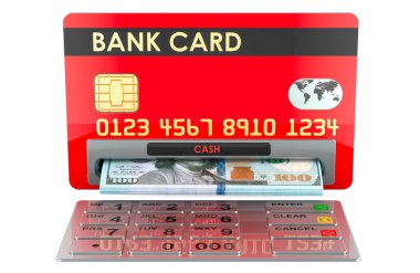 Bankamatik olarak kredi kartı ve dolar banknotları. Beyaz arkaplanda 3B görüntüleme izole edildi
