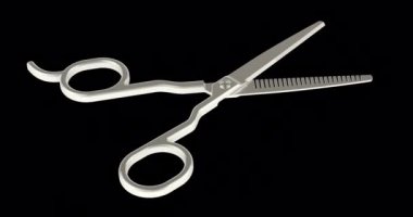 Saç kesme makası, animasyon kusursuz döngü. Şeffaf arkaplanda 3B görüntüleme izole edildi