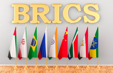 BRICS zirvesi, tüm yeni üyelerin bayrakları. 3B görüntüleme