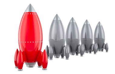 Diğerlerinin yanında kırmızı uzay gemisi roketi. Lider, kazanan konsept. Beyaz arkaplanda 3B görüntüleme izole edildi  