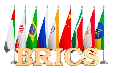 BRICS zirvesi tüm yeni üyelerin bayraklarını taşıyor. Beyaz arkaplanda 3B görüntüleme izole edildi