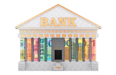 Banka binası, sütunlar yerine farklı para birimleriyle. Beyaz arkaplanda 3B görüntüleme izole edildi