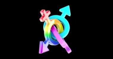 LGBTQ renklerinde cinsiyet sembolleri, kusursuz döngü animasyonu. Şeffaf arkaplanda 3B görüntüleme izole edildi