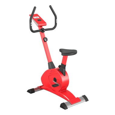 Egzersiz bisikleti, kırmızı renk. Beyaz arkaplanda 3B görüntüleme izole edildi