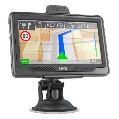 GPS navigasyon cihazı, ayakta. Beyaz arkaplanda 3B görüntüleme izole edildi