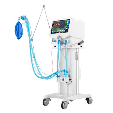 Tıbbi Mekanik Ventilatör, beyaz renk. Beyaz arkaplanda 3B görüntüleme izole edildi