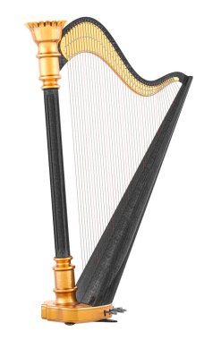 Profesyonel Pedal Harp, beyaz arkaplanda 3 boyutlu görüntüleme