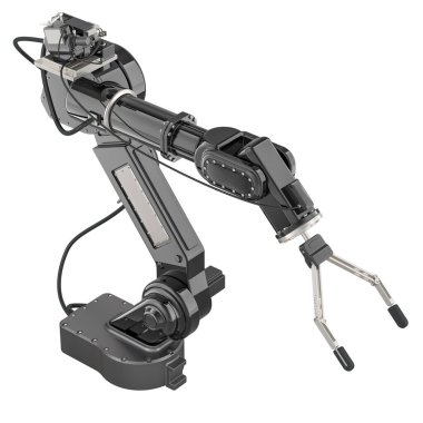 Siyah Robotik Kol, beyaz arkaplanda 3 boyutlu görüntüleme