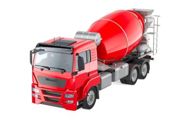 Red Beton Kamyonu, çimento karıştırıcı kamyonu. Beyaz arkaplanda 3B görüntüleme izole edildi
