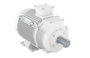 Beyaz endüstriyel elektrikli motor, beyaz arkaplanda 3 boyutlu görüntüleme