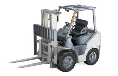 Beyaz Depo Forklift Kamyonu, beyaz arkaplanda 3 boyutlu görüntüleme