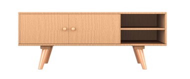 Tahta TV Ünitesi, ahşap TV standı, beyaz arka planda 3 boyutlu görüntüleme