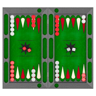 Açılan Tavla Masa Oyunu, üst görünüm. Beyaz arkaplanda 3B görüntüleme izole edildi