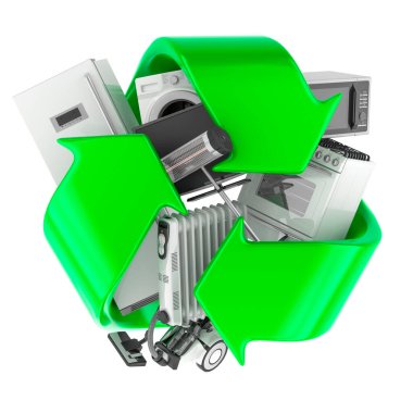 Cihaz geri dönüşümü, konsept. Geri dönüşüm sembollü ev ve ev aletleri. Beyaz arkaplanda 3B görüntüleme izole edildi 