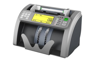 Para sayma makinesi, para sayma makinesi ya da banknot sayma makinesi. Beyaz arkaplanda 3B görüntüleme izole edildi
