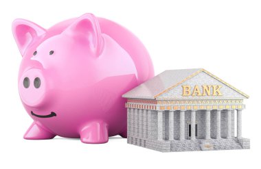 Piggy Bank 'lı banka binası, 3 boyutlu görüntüleme beyaz arkaplanda izole edildi