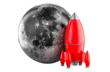 To the Moon, concept. Moon with rocket ship. 3D rendering isolated on white background clipart