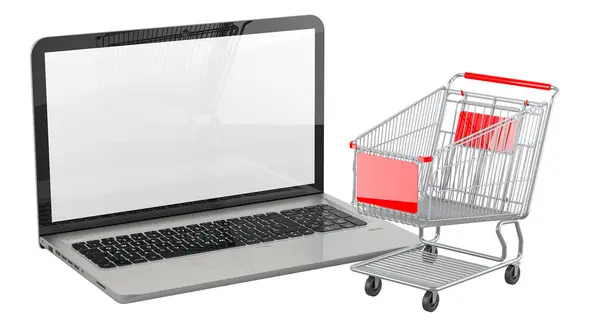 stock image Laptop and empty shopping cart, 3D rendering isolated on white background