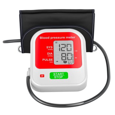 Tam otomatik kan basıncı monitörü, elektronik Sphygmomanometre. Beyaz arkaplanda 3B görüntüleme izole edildi