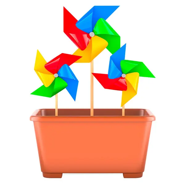 stock image Pinwheels in flower pot, 3D rendering isolated on white background