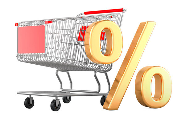 Percent sign with shopping cart. Discount concept, 3D rendering isolated on white background
